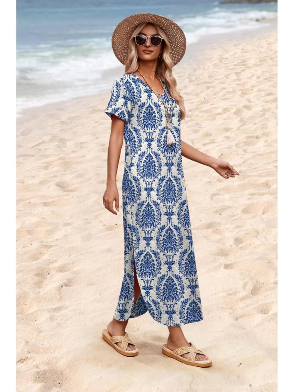 Women's Blue Floral Dress Short Sleeve Pockets Pull On Vacation Beach 2026 - Picture 4 of 5